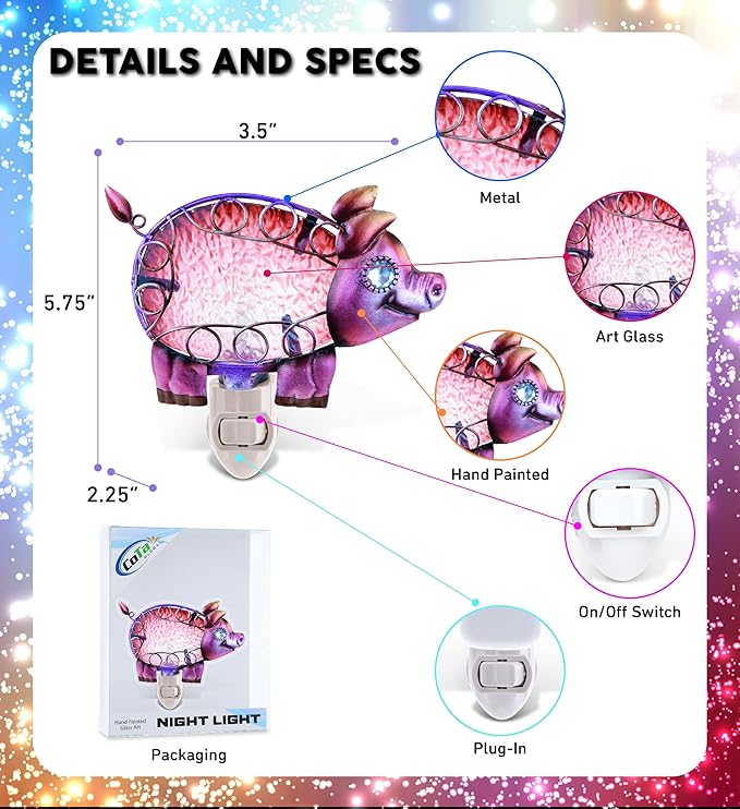 Puzzled Glass Pig Night Light - Decorative Glass Art Animal Night Light for Kids with On and Off Switch, Cute Lamp for Nursery Room, Perfect Plug in Boys and Girls Night Decorations for Bedroom Light