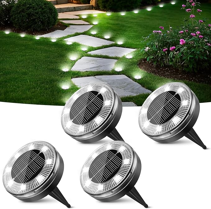 Mini Solar Ground Lights, 4 Pack Flat Solar Disc Lights Outdoor Waterproof, 2.3 Inch Small Solar Garden Lights Landscape Lighting for Outside Pathway Garden Yard Lawn Walkway,Cool White