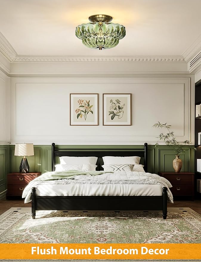 11" Semi-Flush Mount Ceiling Light,3-Bulb Green Glass Hallway Light Fixture | OYKYOHEI Indoor Lighting,Gold Close to Ceiling Light for Bathroom Dining Room Kitchen Foyer Laundry Decor,Easy Install
