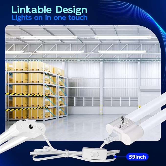 hykolity LED Shop Lights 4FT,60W(350W Equivalent),6500LM,5000K | Linkable Shop Light Plug and Play with Hanging/Surface Mount Kit,Shop Lights for Garage,Workshop,Warehouse,White,4 Pack