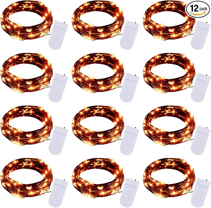 Brightown Halloween Orange Fairy String Lights: 12 Pack 7 Ft 20 LED Battery Operated Firefly Lights on Black Wire Starry Moon Lights for DIY Party Bedroom Patio