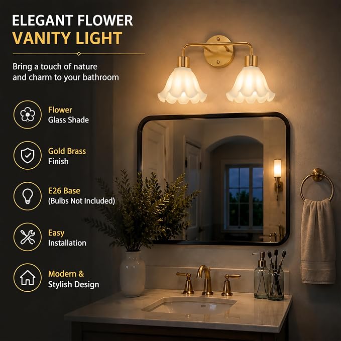 2 Light Gold Brass Bathroom Light Fixture,Brush Gold Vanity Lighting Over Mirror,Cute White Glass Flower Lampshade,Wall Sconces,E26 Socket(Bulbs Not Included)