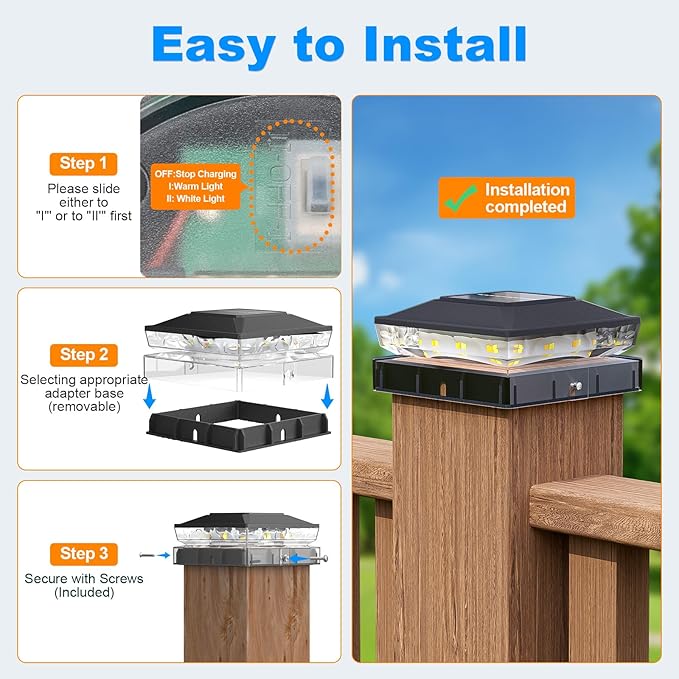 NIORSUN Solar Post Cap Lights Outdoor Waterproof, 2 Lighting Modes 4x4 Post Solar Lights, Fence Posts Solars Light for Deck Patio Garden Decoration, 4x4 Posts Caps Wood Vinyl, 6 Pack (Black)