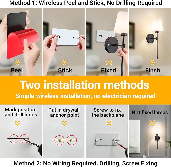 Vimhou Peel and Stick Wall Sconces, Stick On Wall Sconce Set of 2, Battery Operated Wireless Wall Light, No Drill Adhesive Wall Lamp, Corn Bulb with 10000mAh Rechargeable Battery, Bedroom Wall Decor