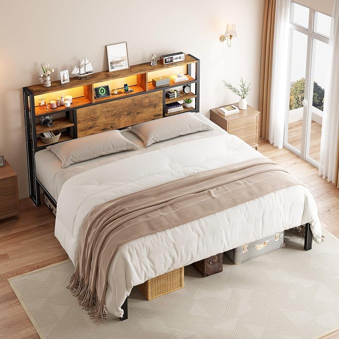 Homkdom Queen Bed Frame with Storage Headboard and Charging Station,Brown | LED Lights，12.2" Under-Bed Storage，Supports up to 1100 LBS，No Box Spring Needed，Noise-Free,Easy Assembly