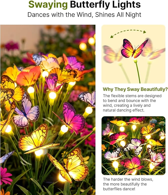 Solar Butterfly Garden Lights, 4 Pack 32 Swaying Butterflies | Lifelike Silk Wings on Wire Stems, For Yard, Patio, Pathway & Lawn, IP65 Waterproof Outdoor, Flutters in Any Breeze