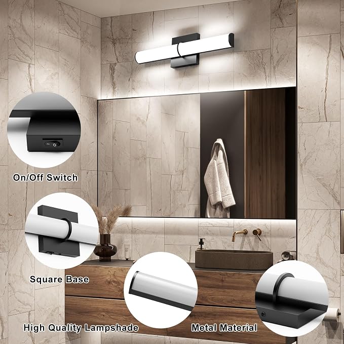 17.3Inch Modern Black Vanity Light Fixture with Switch, 12W 5000K Led Bathroom Light Fixture Over Mirror, Hardwired Wall Light, 1200LM Vanity Light Bar for Mirror Bedroom Hallway Living Room