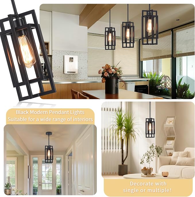Farmhouse Pendant Light Fixtures 2 Pack 1 Light, Cage Black Finish Modern Pendant Lights with Max 59'' Adjustable, Small Square Pendant Ceiling Hanging Light for Kitchen Island Dining Room Entryway