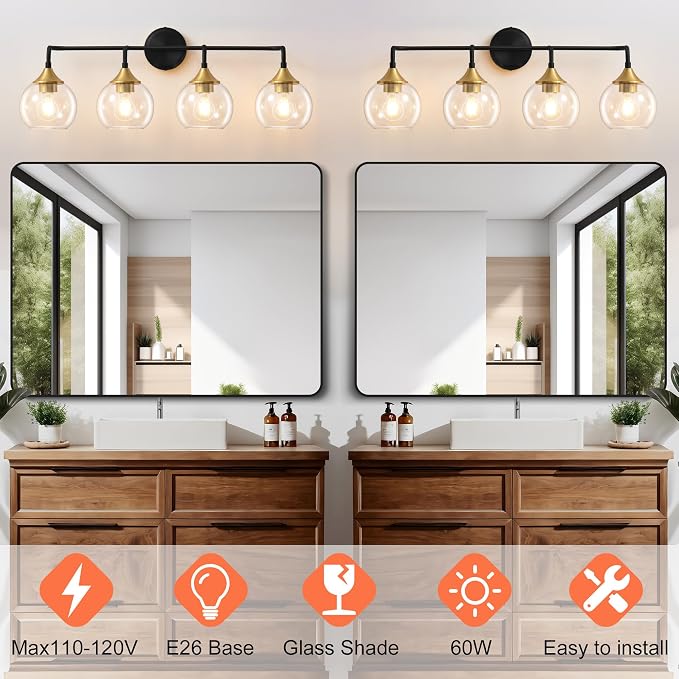 Bathroom Vanity Light 4-Light Black and Gold Vanity Lights 31" | Farmhouse Vanity Lighting Fixtures Over Mirror, Thickened Clear Glass Shade, UL E26 Dimmable Vanity Light Fixtures