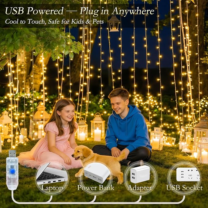 Curtain String Lights Indoor, 300LED 9.8 * 9.8FT USB Plug-in Window Curtain Lights with Timer and 8 Modes, Waterproof Warm White Curtain Fairy Lights for Bedroom Room Wedding Outdoor Decor
