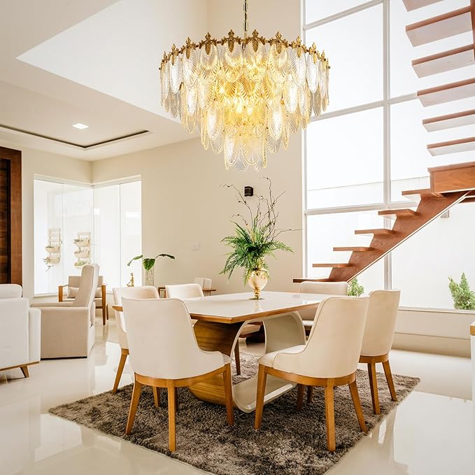 Modern Large Crystal Chandelier, 4-Layer Gold Glass Chandelier, 12 Light Round Antique Ceiling Pendant Light, 31.5 Inchs Adjustable Height for Foyer, Living Room, Bedroom, Dining Room