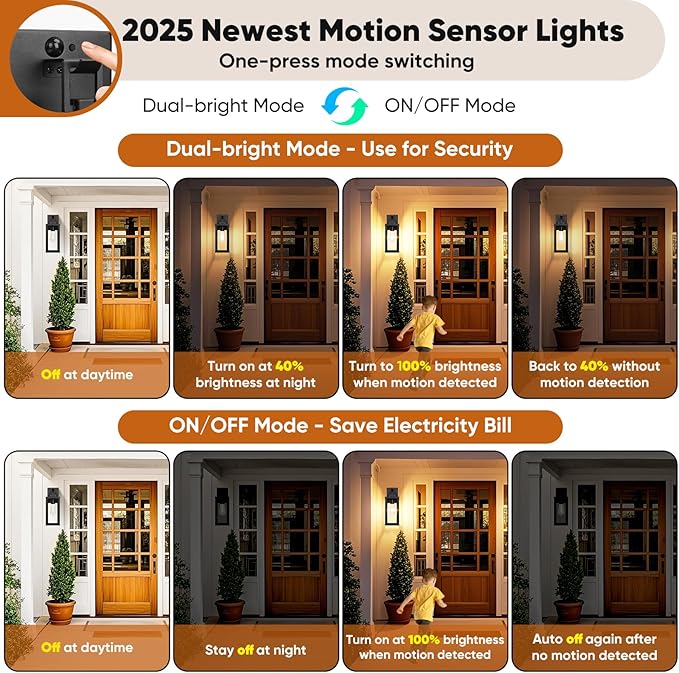 2-Pack 14” Upgraded Motion Sensor Outdoor Wall Lights, Black | Auto ON/OFF, 3 Lighting Modes, Waterproof, Rust-Resistant, Durable Metal & Clear Glass, Standard E26 Sockets, Easy to Install