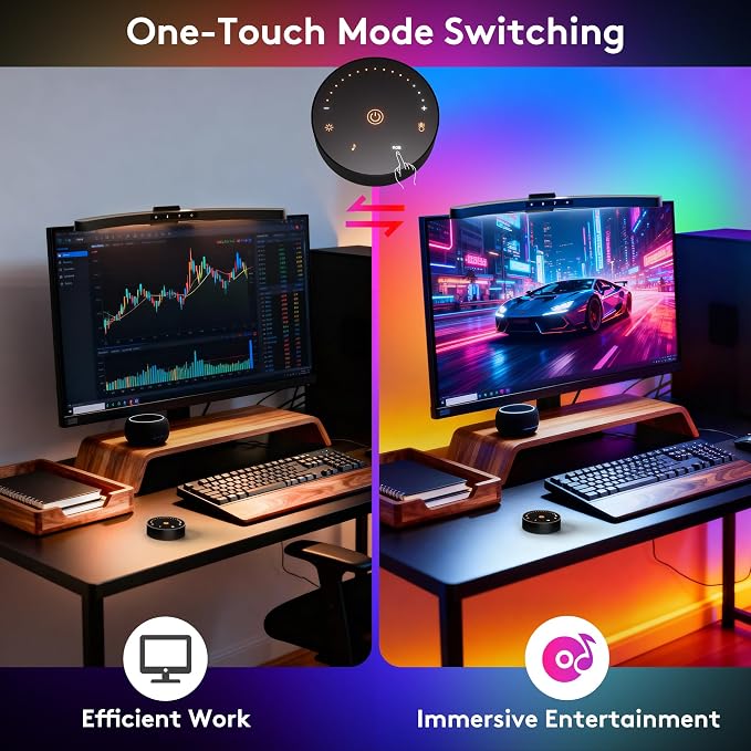 Quntis 17.7'' Curved Monitor Light Bar RGB Backlight with Music Sync, Black | Gaming & Home Office, Ra95 Eye-Care, 23 RGB Effects, Touch & Remote Control, 17–34" Curved & Flat Monitors, Webcam Compatible