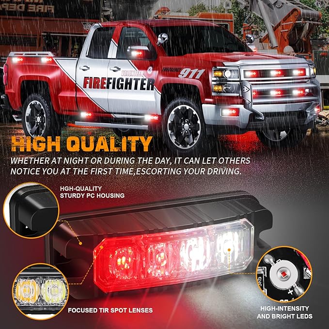 XRIDONSEN 8PCS Sync Grill Emergency Lights 32 LED Red White Firefighter Lights Grille Surface Mount Strobe Flashing Warning Safety Hazard First Responder Light for Vehicles POV Fire Fighter Trucks