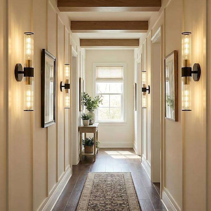 Bathroom Light Fixtures 2 Pack Hardwired, Black Gold Wall Sconce Threaded Glass Vanity Light Featuring Two E26 sockets, Bathroom Wall Light Dimmable - Bulb Not Included, UL Certification