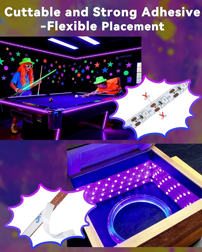 33FT USB Black Lights LED Strip, Battery Operated Black Light Tapestry Light, 300LEDs Blacklight for Bedroom Glassroom, Halloween, Glow Neon Party, Birthday, Fluorescent Poster Painting,4 Pack