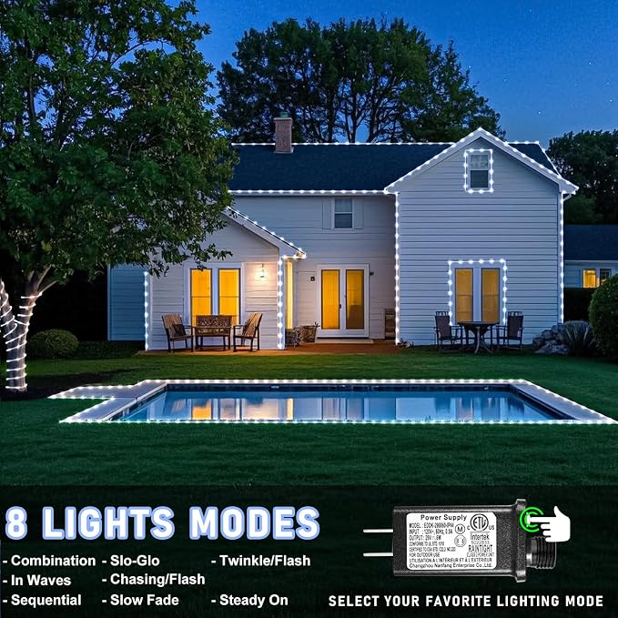 Rope Lights for Outside, 33FT 100 LED Christmas Lights Outdoor, Cool White | Waterproof 8 Modes Plug in Connectable Tube Lights Indoor for Garden Patio Pool Classroom Landscape Party Decorations