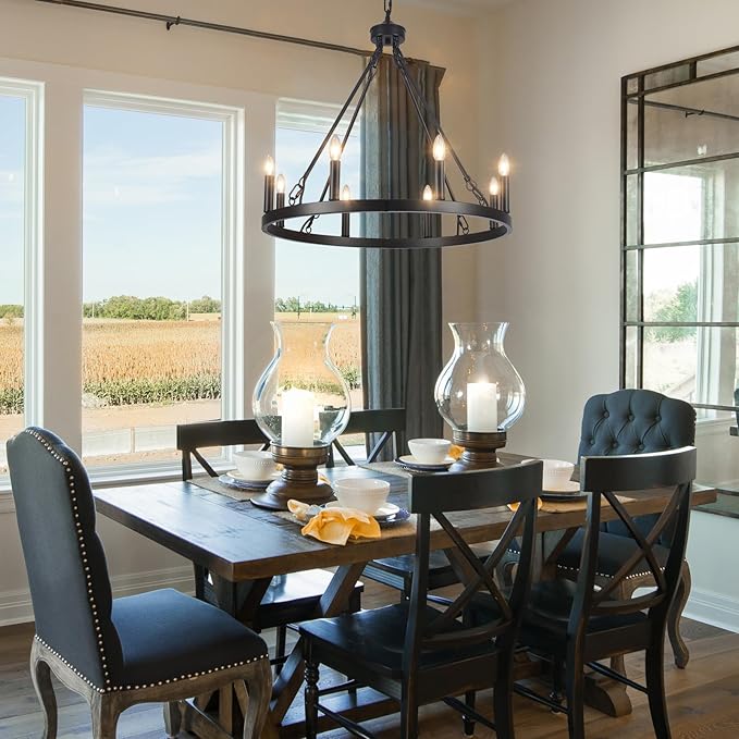 LASENCHOO Round Black Wagon Wheel Chandelier Farmhouse for Dining Room Light Fixture 8 Lights Dia 23.6" Large Wrought Iron Black Chandeliers for High Ceilings Outdoor Entryway Foyer Living Room Porch