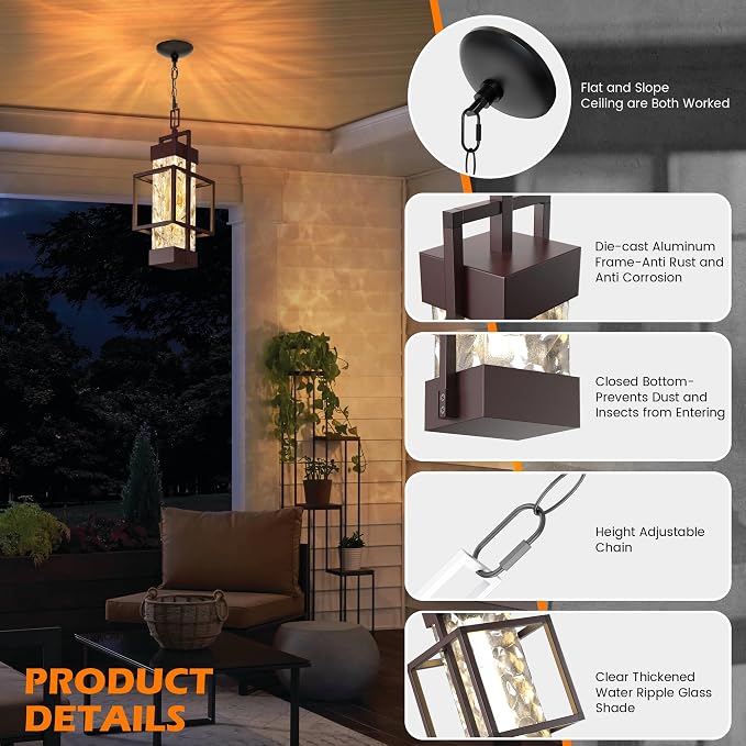 Hotsonic 15'' Oil Rubbed Bronze Outdoor Indoor Pendant Celing Light Fixture, Modern Exterior Hanging Chandelier Porch Lights, Aluminum Outside Lantern Lamp for Entrance Foyer Entryway (Bulb Included)