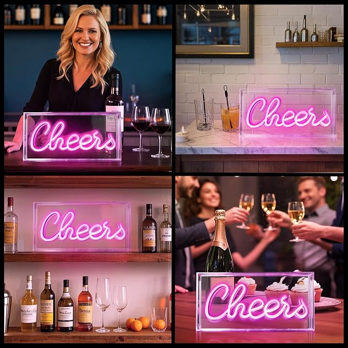 Cheers Neon Sign, USB LED Desk Lightbox Cheers Sign with ON/OFF Switch, 3D Neon Light up Sign for Table Decor, Wall Decor, Bar, Pub, Bachelorette Party (Pink)