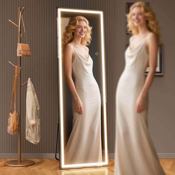 71" x 24" Full Length Mirror with Lights, LED Lighted Floor Standing Body Mirror, Dimmable & 3 Color Lighting for Bedroom, Cloakroom, Dressing Room, Tempered Glass, Black Frame