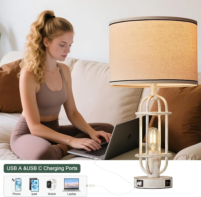 Reaketon 22.3" Farmhouse Table Lamps Set of 2, Vintage Lamps for Living Room End Tables, Bedroom Lamp for NightStand with USB C+A Ports, Antique White