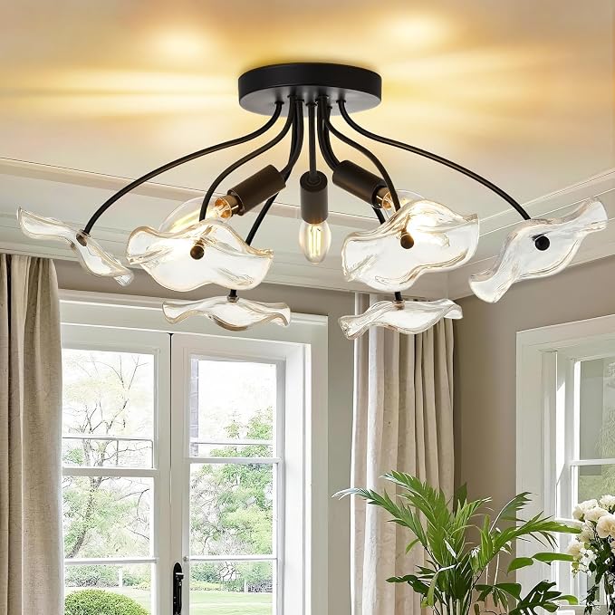 Luvkczc Semi Flush Mount Ceiling Light, Modern Glass Ceiling Light Fixture, Vintage Black Lighting for Kitchen Entryway Hallway Bathroom Bedroom Foyer, 3 Light E12 Socket