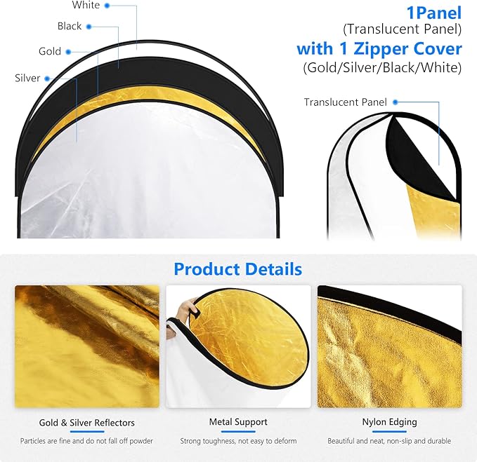 NEEWER 24"x36"/60x90cm Light Reflectors for Photography, Portable 5 in 1 Collapsible Multi Disc with Bag - Translucent, Silver, Gold, Black, White Diffuser for Studio and Outdoor Lighting