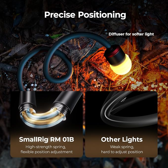 SmallRig RM 01B Macro Photography LED Light 1800K-7500K, Adjustable Beam Angle, Bendy Light for Fungi Photography with OLED Screen, Filters, Adapter, Clamp, Diffuser, Barndoor, Stake, IP54 Rating-6225