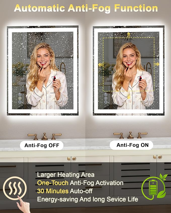 68x36 LED Bathroom Mirror, 6000LM, Separate Front and Back Lights | UL Certified,Shatter-Resistant Tempered Glass,Auto-Off Defogger,3 Color Modes,Smooth Dimming,Smart Memory Setting