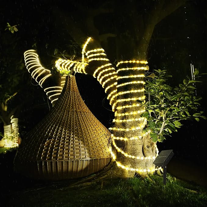 Solar Rope Light 33FT 100L IP65 Weatherproof Outdoor LED Copper Fairy String Tube Lights for Party Garden Porch Yard Home Wedding Vacation Daily Holiday Tree Decoration Lighting (Warm White)