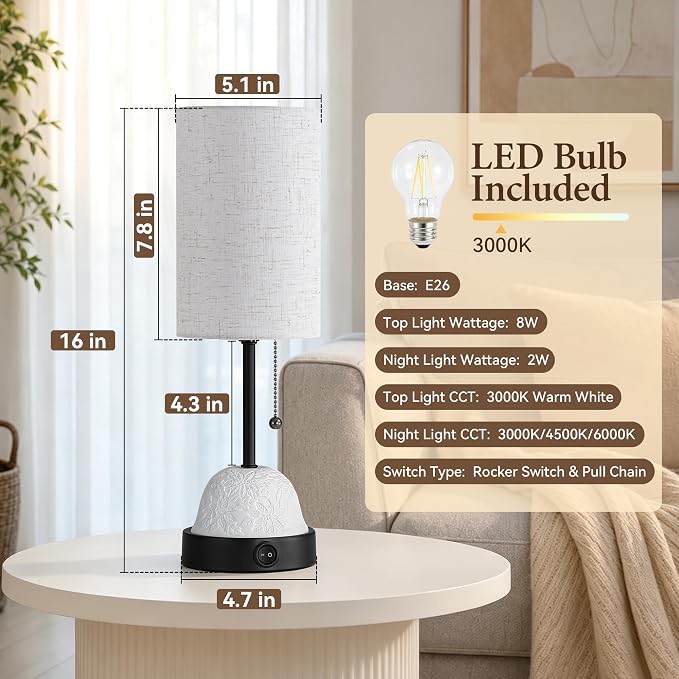 Table Lamp for Bedroom, Dual Light Nightstand Lamp with Fabric Shade & Ceramic Carved Night Light Base, Individual Controls Bedside Lamp for Living Room, 8W LED Bulb Included