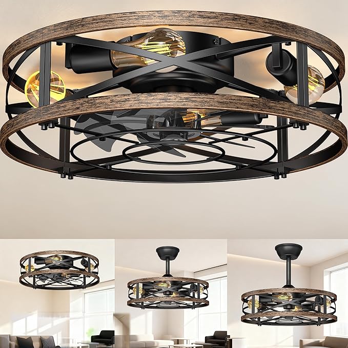 20in Caged Ceiling Fan with Lights, Low Profile Ceiling Fan, Small Rustic Industrial Farmhouse Ceiling Fans with Lights,Reversible Flush Mount Fandaliers Fan Light Ceiling Fixture for Bedroom Kitchen