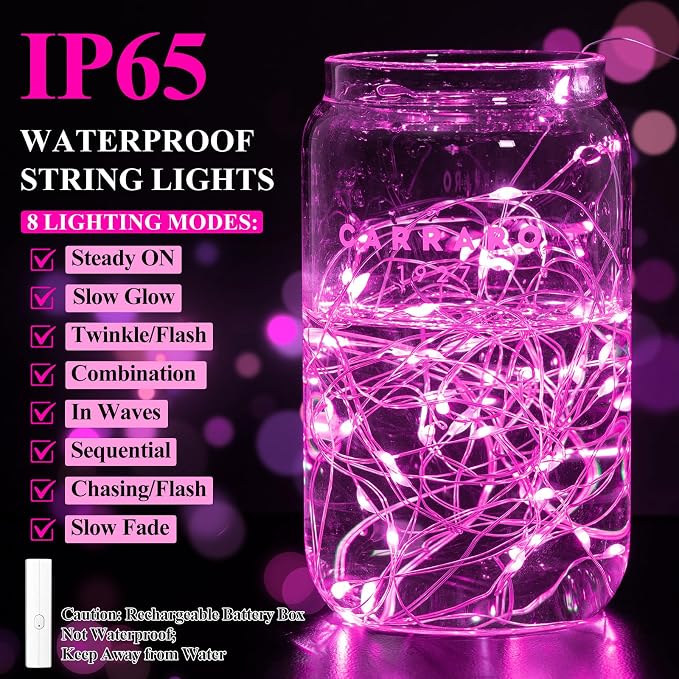 16FT(5M) Pink Copper Wire Fairy Lights, Rechargeable Battery Operated String Lights with Timer, 8 Modes Waterproof Mini LED Twinkle Lights for Bedroom Christmas Wedding Centerpiece Table Decor