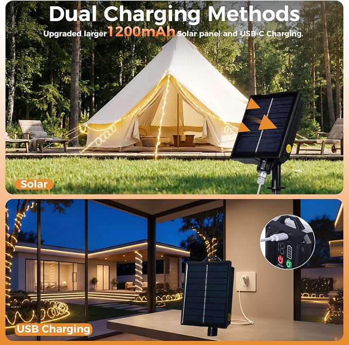 Connectable 100FT 600LED Solar Rope Lights Outdoor Waterproof | 1.97'' LED Spacing More Brighter, USB & Solar Powered Fairy Lights for Outside Yard Tree Pool Christmas Decor, Warm White