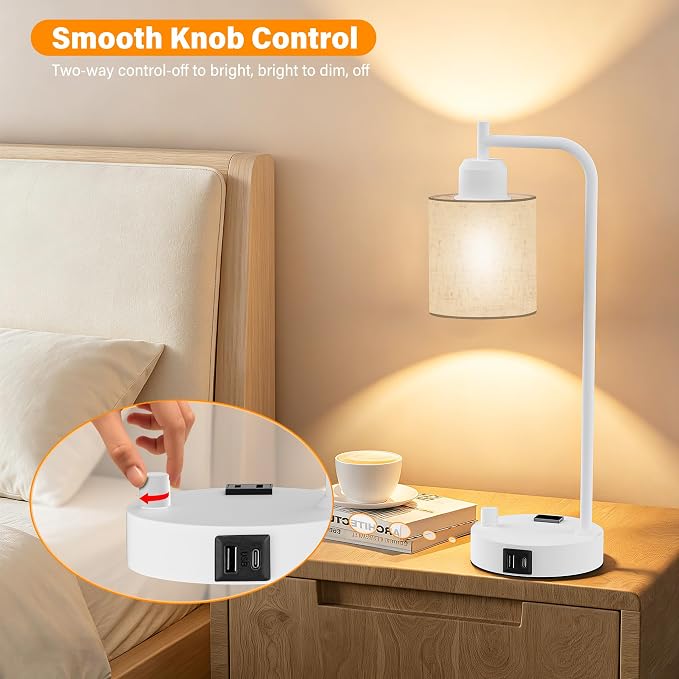 Industrial Table Lamps with Linen Shade, Set of 2 Fully Dimmable Bedside Lamps with USB A+C Ports and Outlet, White Nightstand Desk Lamps for Bedrooms Living Room Office, 2 LED Bulbs Included