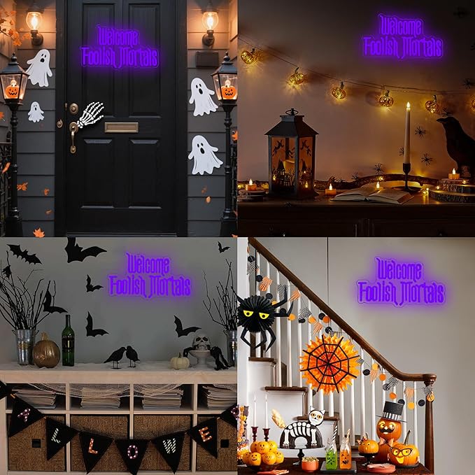 Welcome Foolish Mortals Neon Sign, Anime Fans Neon Light Spooky Gothic Haunted Mansion LED Coffin Decor USB Powered, for Horror Party Haunted House Man Cave Home Room Themed Bars(16.1 * 9.4 In)