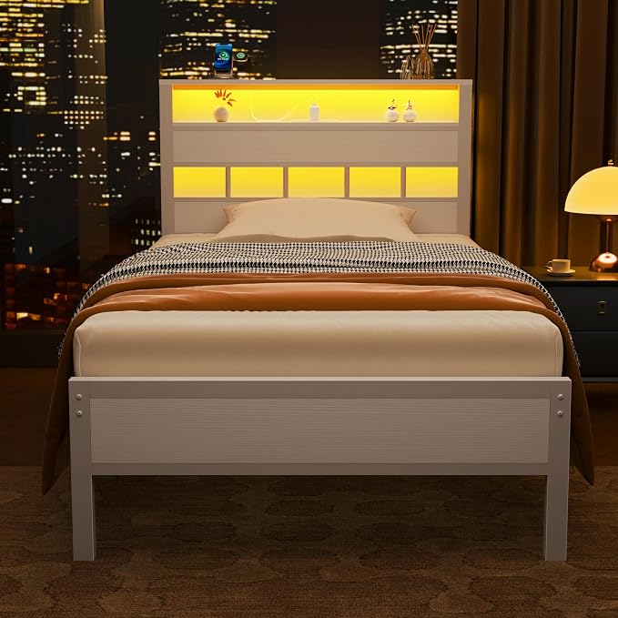 Twin Bed Frames with Storage Headboard, Charger & RGB LED, White | 2-Tier Shelves, Sturdy Metal Slats, Noise-Free, No Box Spring. USB & Type-C Ports, 700lbs Capacity. 12.6" Under-Bed Storage.