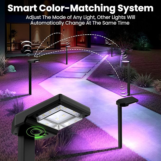 2 Pack Color Changing & Sync Smart Solar Pathway Lights, Solar Lights Outdoor Waterproof, 9 Modes (Warm White/Cool White/RGB) Landscape Lighting for Driveway, Walkway, Garden, Yard, Patio