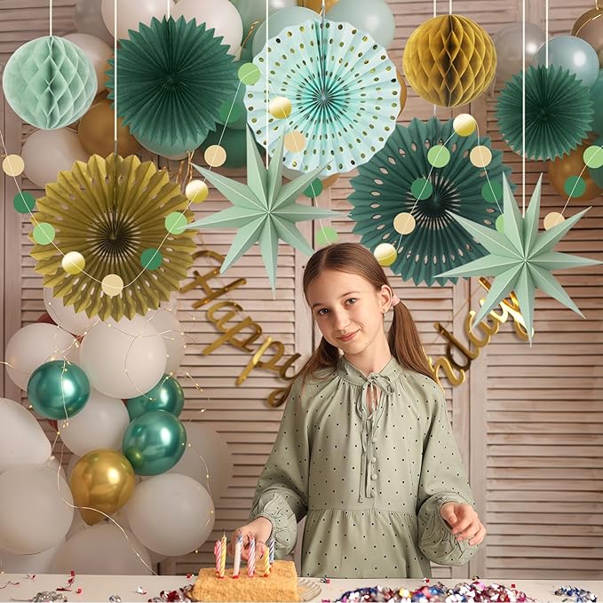 ADLKGG Sage Green Party Decorations, Hanging Paper Fans Circle Garland Paper Lanterns St Patrick's Day Party Supplies, Sage Green Themed Graduation Birthday Wedding Bridal Neutral Baby Shower Decor