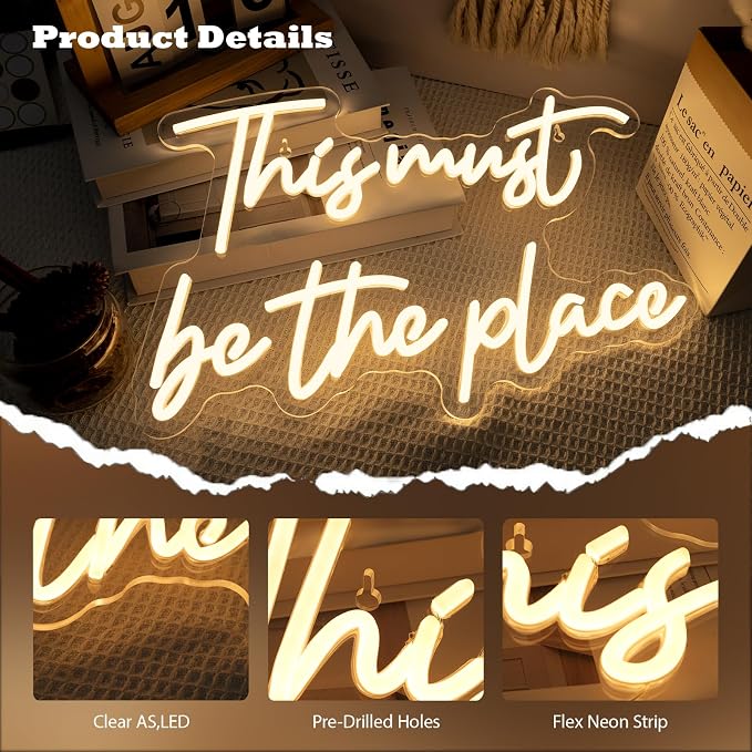 This Must Be The Place Neon Sign Warm White Letter Led Signs for Wall Decor Usb Word Light Up Signs for Bedroom Salon Man Cave Beer Home Bar Wedding Birthday Party Decor Gifts