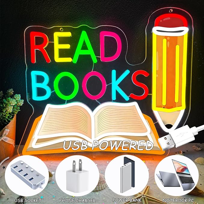 Read Books Neon Sign Printed Pencil and Book Neon Light for Wall Decor | USB Dimmable Read LED Neon Signs for Classroom Reading Room Bookstore Library Bedroom Study Room Bookish Decoration for Teens
