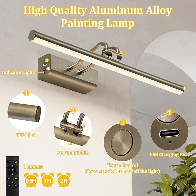 Picture Light for Wall, Antique Brass, 13.8", Remote Control | 4000mAh Cordless,Wall Light, Magnetic for Easy to Charge,Timers, Display for Gallery Living Room Bedroom