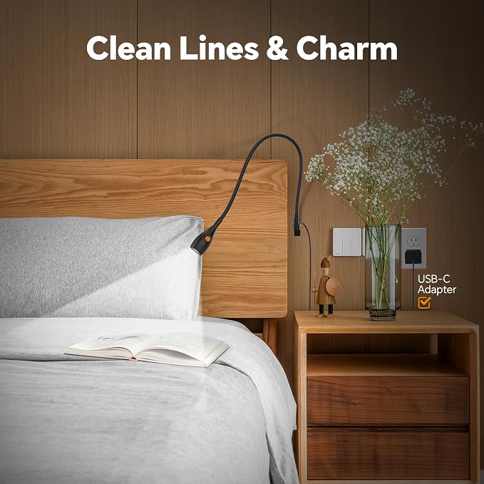 Wall/Headboard Mounted Reading Light with Lamp Head Switch | Minimalist Design, USB-C Powered, CRI 95+,4000K + Amber Nightlight,8–100% Dimmable, Metal Gooseneck,For Home Bedroom Bedside