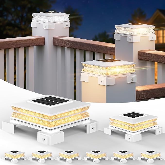 APONUO Solar Post Cap Lights Outdoor, 3 CCT & 2 Brightness Deck Post Lights Solar Powered for 4x4 5x5 6x6 Vinyl Wooden Posts, Waterproof Dusk to Dawn Fence Deck Lights for Patio Garden, White, 8-Pack