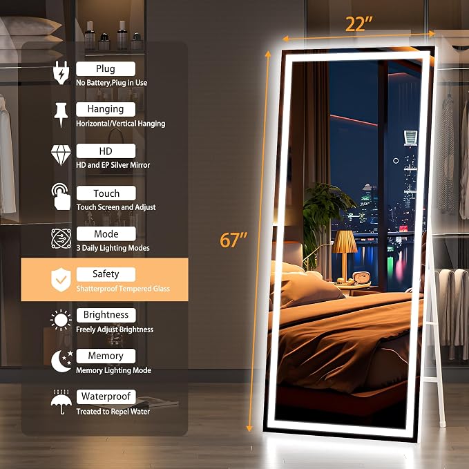 Hasipu Full Length Mirror with Lights, 67" x 22" LED Lighted Floor Standing, Full Body Dressing Hanging Mounted Mirror, Tempered Glass, Square White