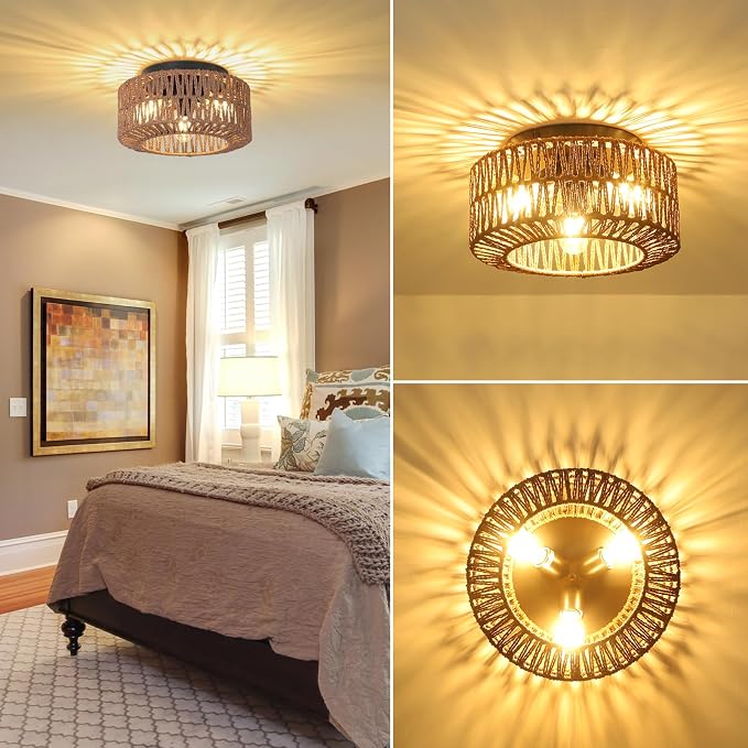 PAUFUL Boho Light Fixture，3-Light Farmhouse Rattan Light Fixtures Ceiling Mount，Flush Mount Ceiling Light with Hand-Woven Shade，Modern Chandelier for Living Bedroom Entryway Kitchen Nursery
