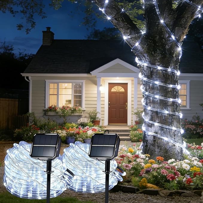 Solar Rope Lights for Outside, 2 Packs Total 132ft 400 LED Solar String Lights with 8 Modes, Waterproof Solar Outdoor Light for Patio Garden Party Tree Porch Pool Holiday Xmas Decor- White