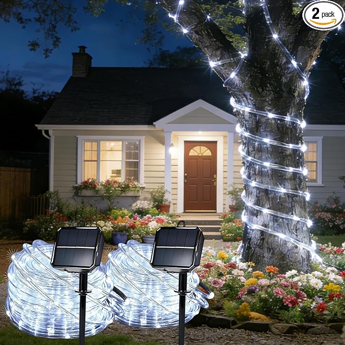 Solar Rope Lights for Outside, 2 Packs Total 66ft 200 LED Solar String Lights with 8 Modes, Waterproof Solar Outdoor Light for Patio Garden Party Tree Porch Pool Holiday Xmas Decor-White