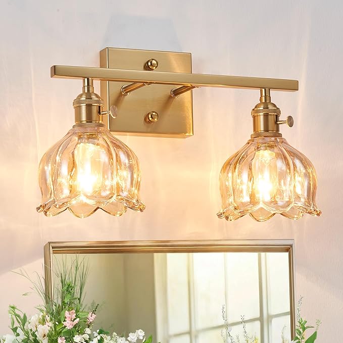 2-Light Amber Tulip Glass Vanity Light, Brushed Gold Vintage Bathroom Wall Sconce, 14.5" Antique Brass Wall Lamp for Mirror, Powder Room, Bedroom (Individual Rotary Switches, Bulbs Not Included)